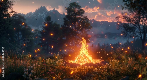 Campfire Under a Starry Sky With Mountain Views at Twilight