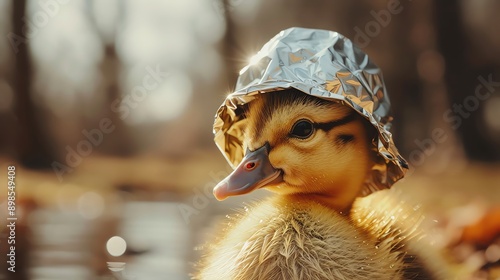 A duckling wearing a tinfoil hat is standing in a field. The duckling looks both confused and concerned.