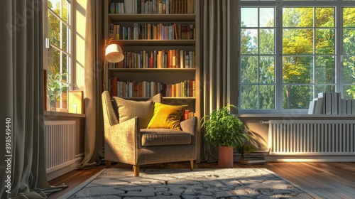 Room With Chair, Bookshelf, Potted Plants, and Lamp