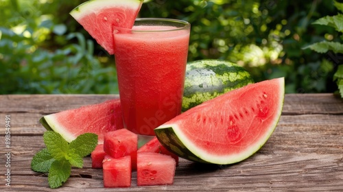 Fresh watermelon slices and cubes with a glass of watermelon juice on a rustic wooden table.