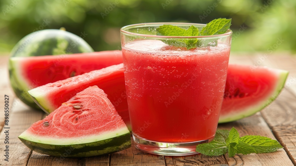 Fresh watermelon slices and cubes with a glass of watermelon juice on a rustic wooden table Fresh watermelon slices and cubes with a glass of watermelon juice on a rustic wooden table