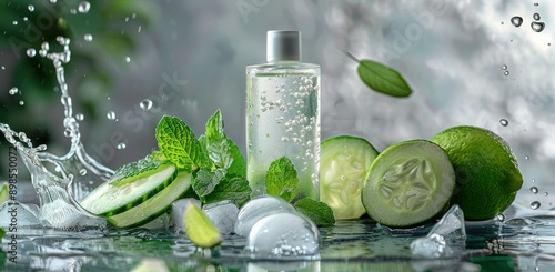 Cucumber And Lime Scented Perfume Bottle In Water Splash