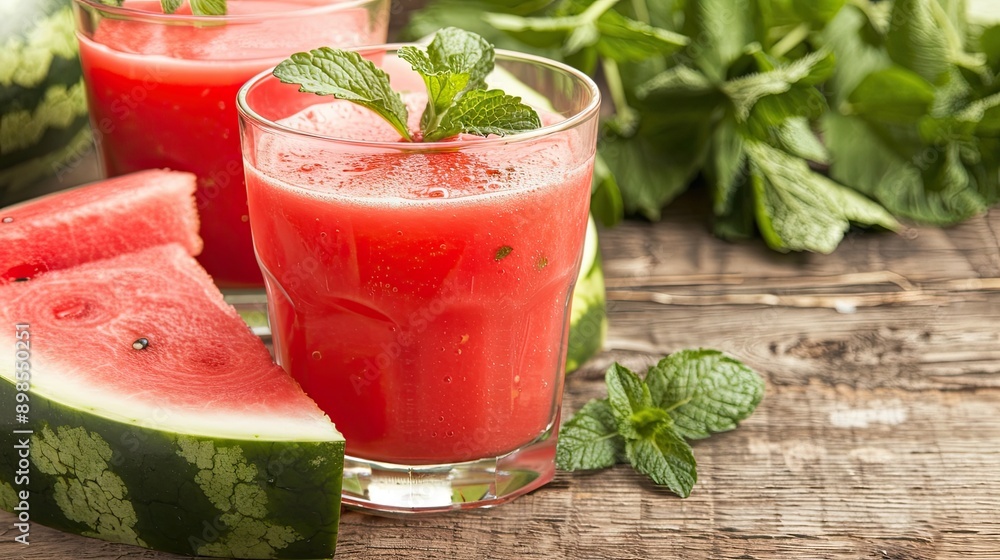 Fresh watermelon slices and cubes with a glass of watermelon juice on a rustic wooden table Fresh watermelon slices and cubes with a glass of watermelon juice on a rustic wooden table