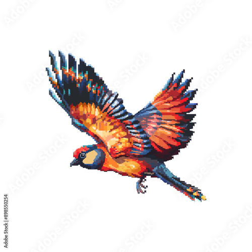 Colorful Pixel Art Bird in Flight. Vector illustration.