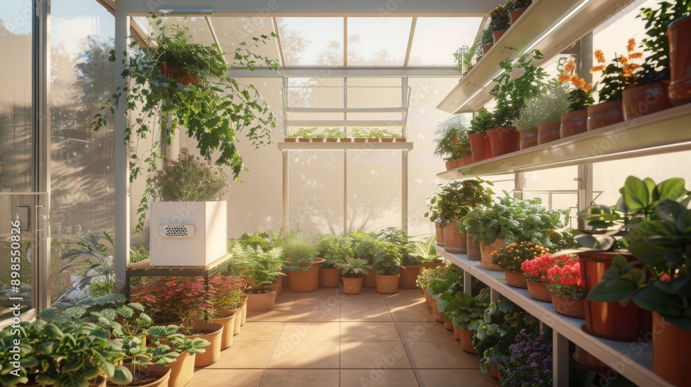 A greenhouse filled with a variety of plants in pots, shelves, and on the floor. The sun shines through the glass roof, illuminating the plants and creating a warm, inviting atmosphere. A greenhouse filled with a variety of plants in pots, shelves, and on the floor. The sun shines through the glass roof, illuminating the plants and creating a warm, inviting atmosphere.