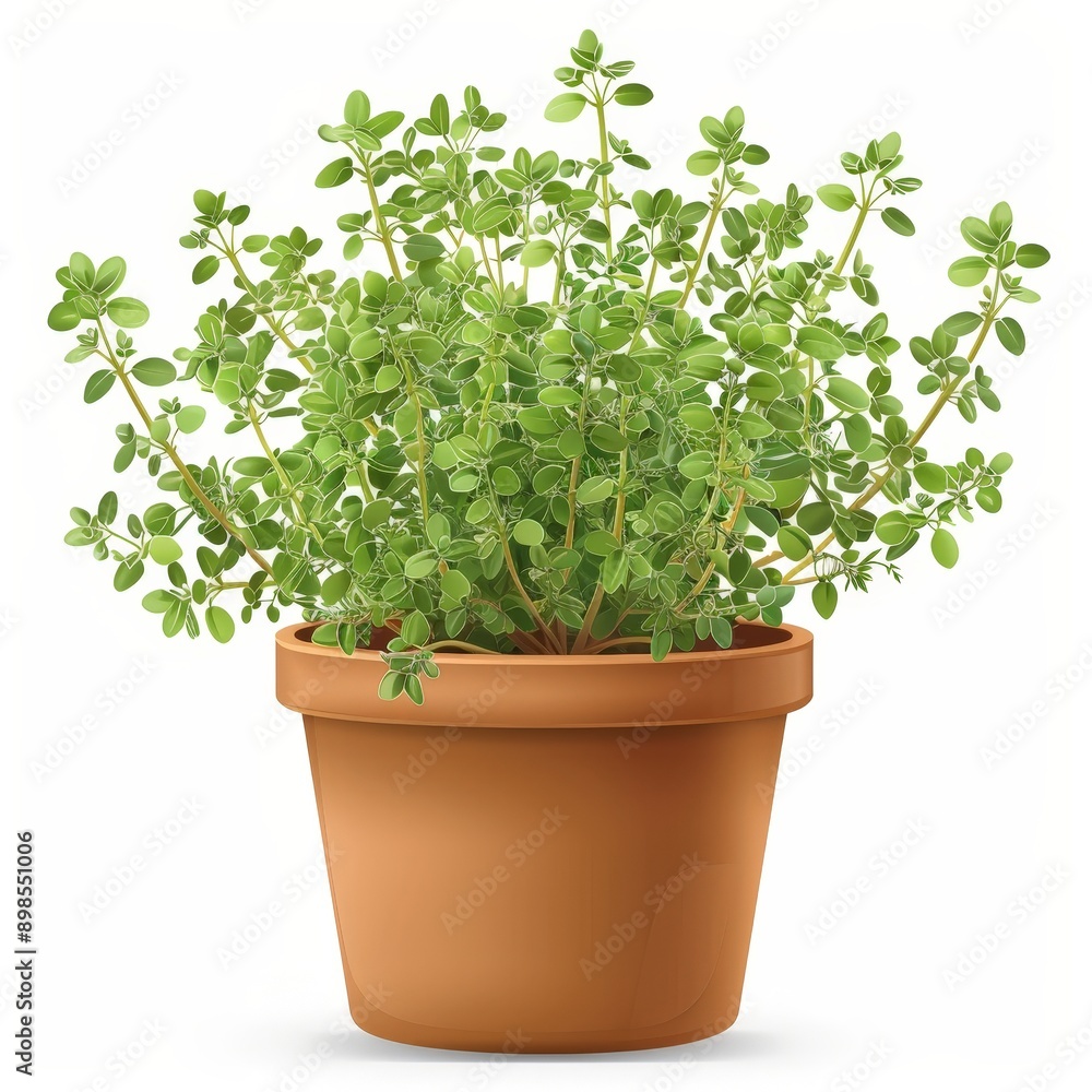 Realistic Thyme Plant in Clay Pot - Photorealistic Illustration of Detailed Leaves on White Background Realistic Thyme Plant in Clay Pot - Photorealistic Illustration of Detailed Leaves on White Background