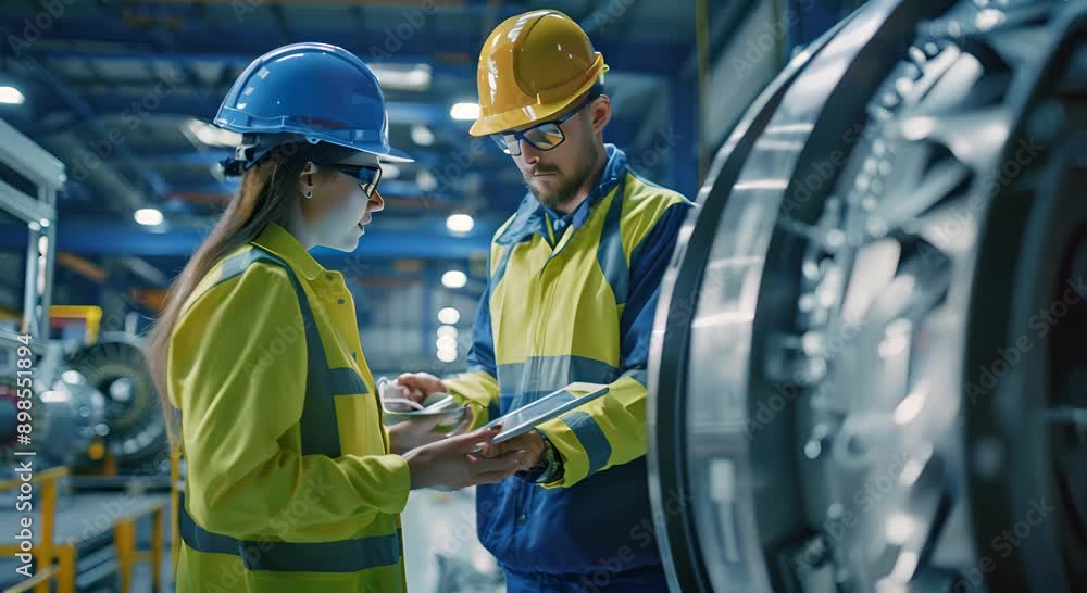 Two workers in yellow and green safety gear are looking at a tablet. They are likely discussing a project or problem related to the machinery they are working on Two workers in yellow and green safety gear are looking at a tablet. They are likely discussing a project or problem related to the machinery they are working on