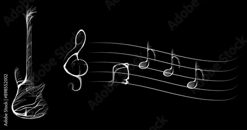 Composition of musical instrument guitar and notes from wavy lines along white contour on black background. Vector illustration.