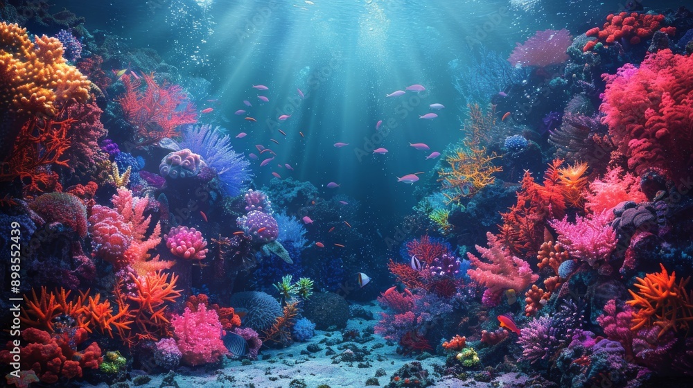 Fototapeta premium Sunbeams Illuminating Coral Reef Underwater