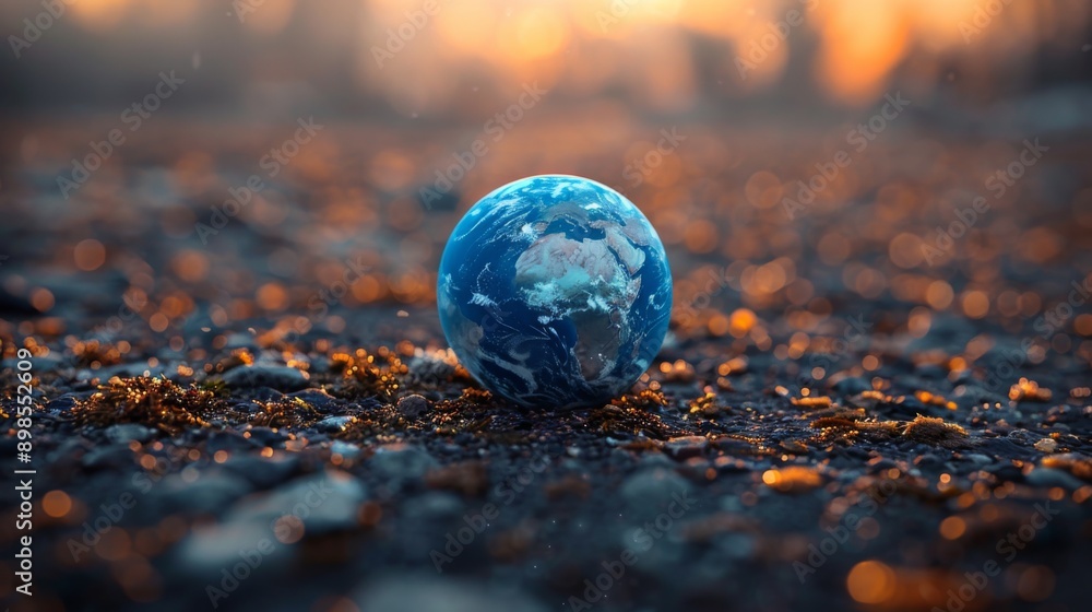 small blue marble representing Earth placed amidst a polluted, barren landscape, highlighting the consequences of human actions on the environment. small blue marble representing Earth placed amidst a polluted, barren landscape, highlighting the consequences of human actions on the environment.