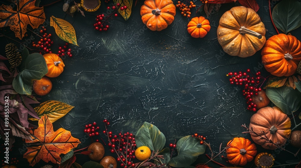 A Halloween background showing a dark green copy space with a frame made of pumpkins and other plant items A Halloween background showing a dark green copy space with a frame made of pumpkins and other plant items