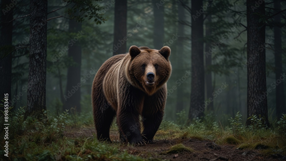 Brown Bear Walking in Misty Forest Brown Bear Walking in Misty Forest
