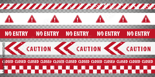 Red and white police stripe border, construction, caution, closed, no entry tapes set. Set of danger caution grunge tapes.  Warning signs for your  design on transparent background. EPS10