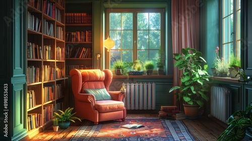 Room With Chair, Bookshelf, Potted Plants, and Lamp