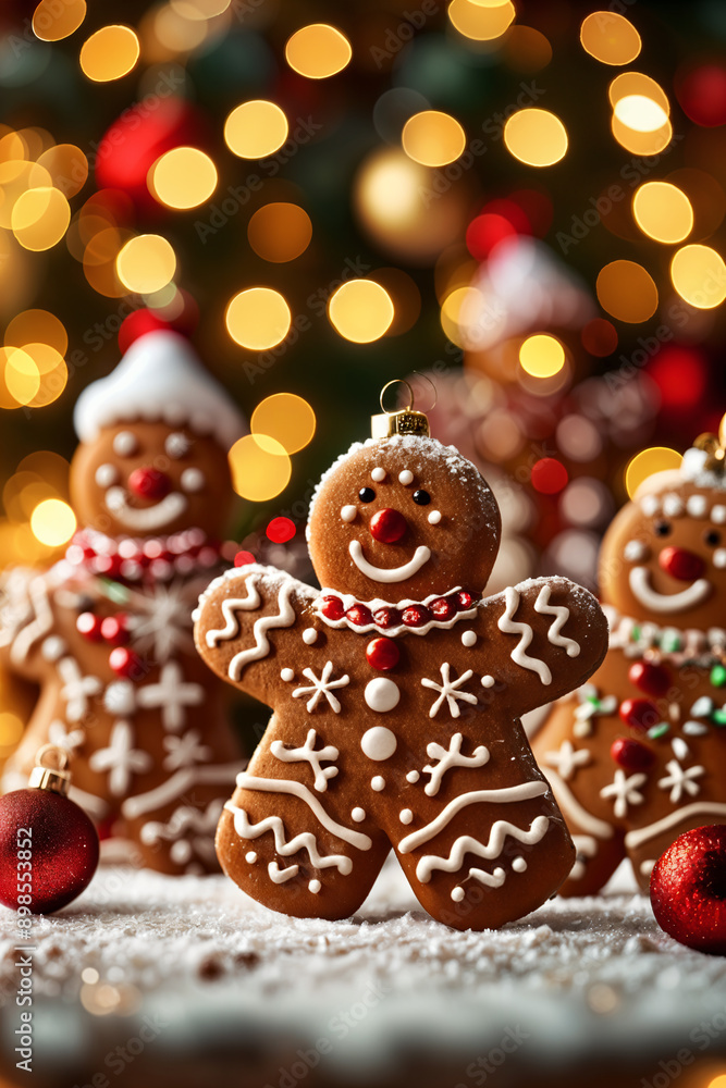 Festive scene with several gingerbread cookies decorated to look like Santa Claus, placed on a table covered with snowflakes and surrounded by Christmas lights. Festive scene with several gingerbread cookies decorated to look like Santa Claus, placed on a table covered with snowflakes and surrounded by Christmas lights.