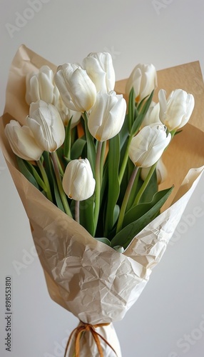 Bouquet of White Tulips Wrapped in White Paper