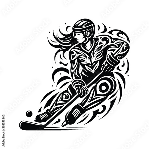 Hockey  female player in ethnic tribal pattern illustration, emblem shield badge