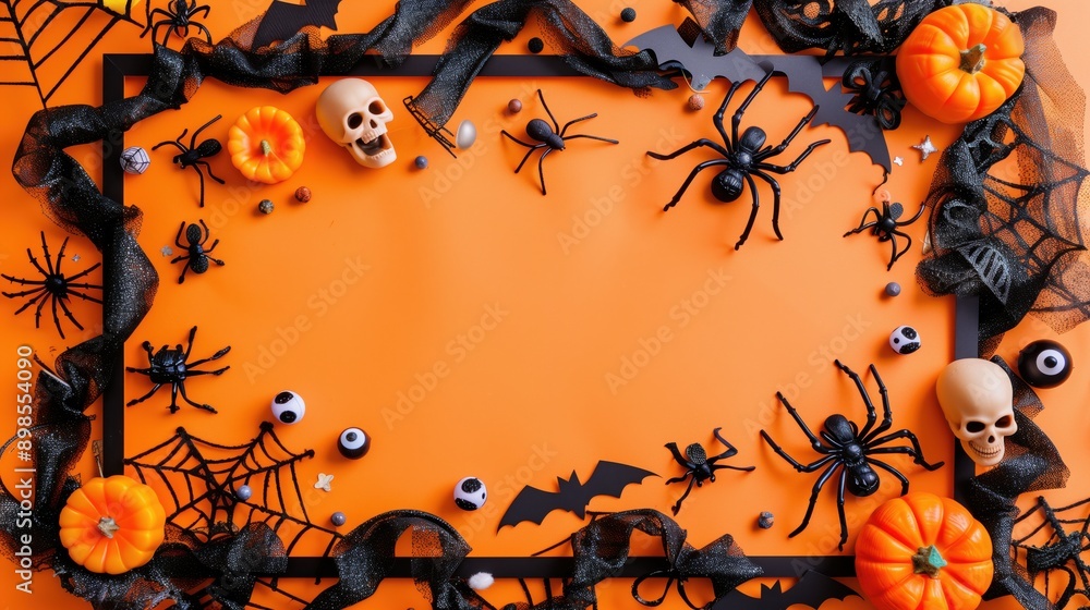 A Halloween background with an orange flat surface and a frame made of Halloween elements A Halloween background with an orange flat surface and a frame made of Halloween elements