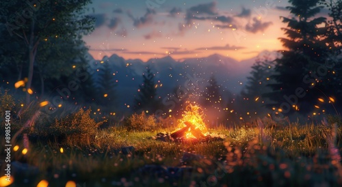 Campfire Under a Starry Sky With Mountain Views at Twilight