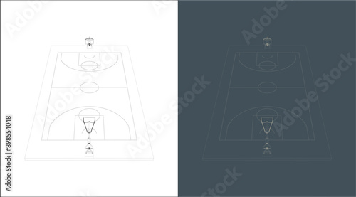 basketball court technical image Blueprint line art for Architect in transparent background