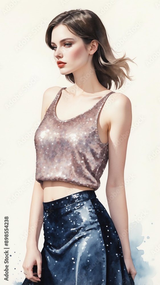watercolor illustration of a woman wearing sequined to background watercolor illustration of a woman wearing sequined to background