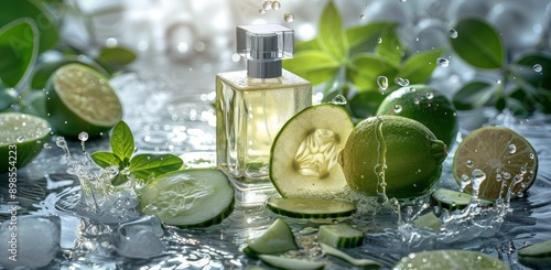 Cucumber And Lime Scented Perfume Bottle In Water Splash