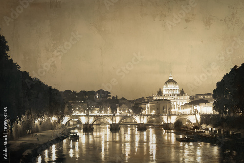 Canvas Print Rome old postcard, Vatican Dome with bridge on Tiber river - vintage style