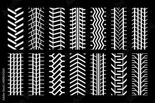 Tire tracks. Auto tire tread seamless elements. Top view of rubber protector marks. Seamless Tyre print Pattern