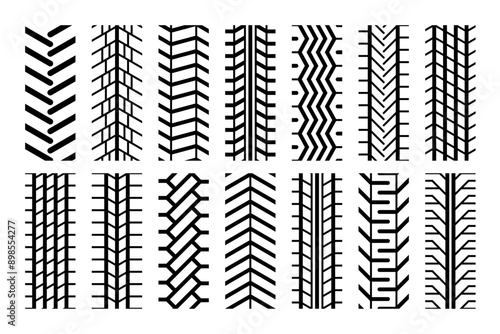 Tire tracks. Auto tire tread seamless elements. Top view of rubber protector marks. Seamless Tyre print Pattern