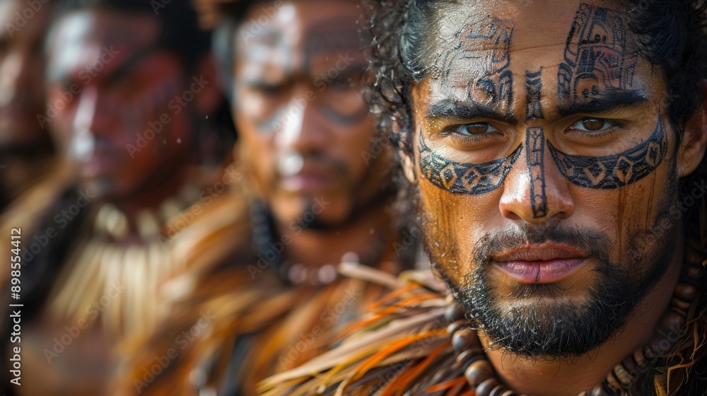 International Day of the World's Indigenous Peoples. A haka performance by Maori warriors. Their faces are painted with traditional moko designs, and they wear intricate feather cloaks kahu kiwi. International Day of the World's Indigenous Peoples. A haka performance by Maori warriors. Their faces are painted with traditional moko designs, and they wear intricate feather cloaks kahu kiwi.