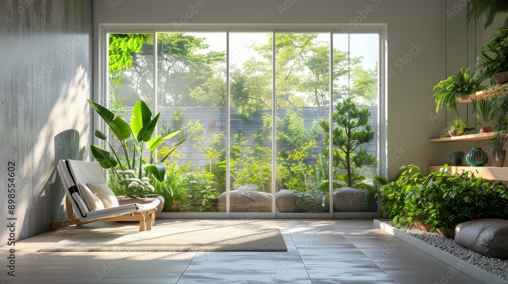 A contemporary living room with a large window overlooking a lush garden, showcasing the beauty of indoor-outdoor living. Natural light floods the space, creating a serene and inviting atmosphere. A contemporary living room with a large window overlooking a lush garden, showcasing the beauty of indoor-outdoor living. Natural light floods the space, creating a serene and inviting atmosphere.