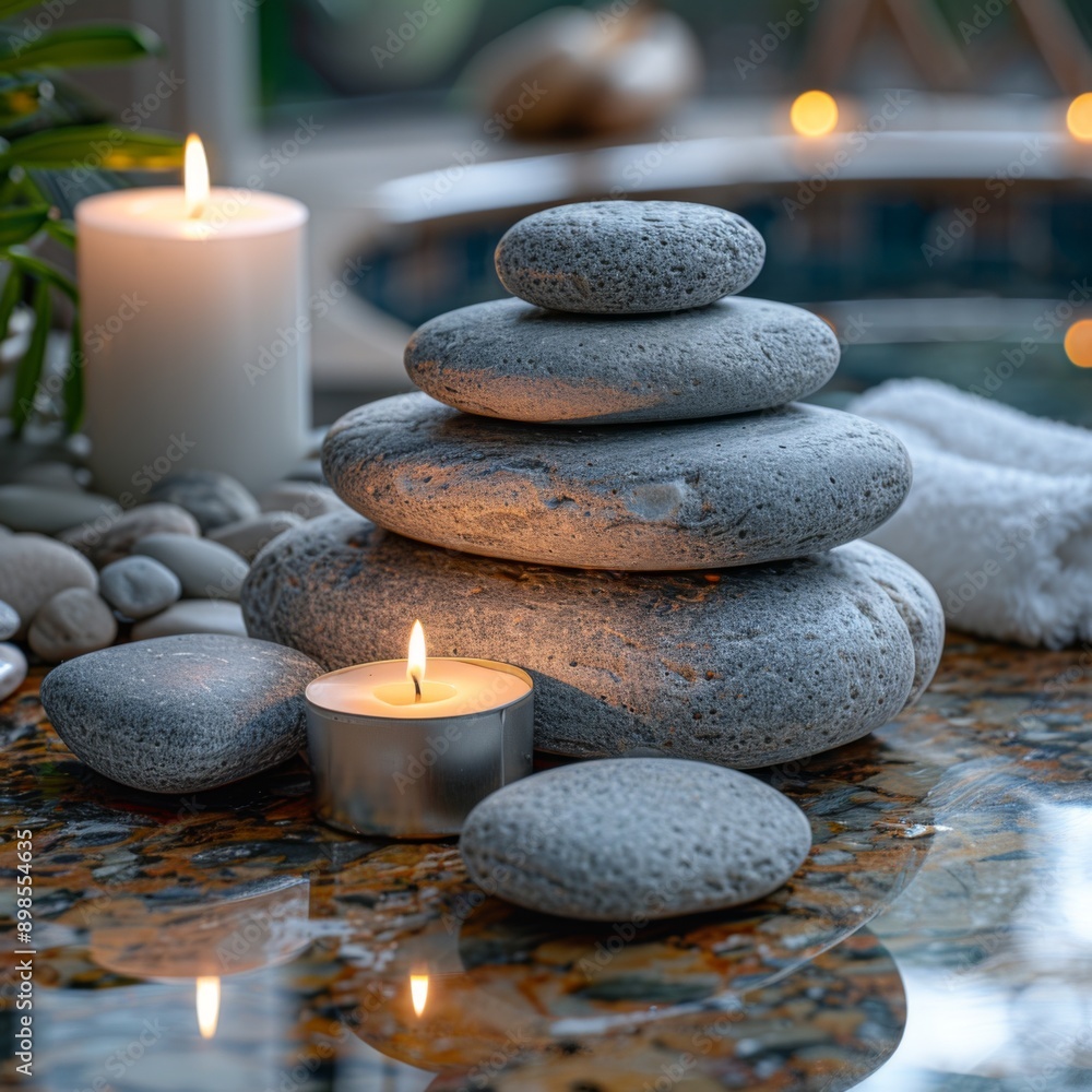 Obraz premium A pleasant white spa scene with stacked stones, a rolled towel and a burning candle on a marble table against a blurred background of a massage room. Space for text,