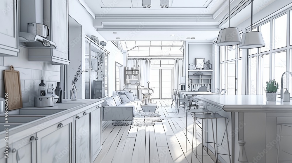 This blueprint depicts a modern, open-concept kitchen and living room design. It features a spacious kitchen with a large island, a dining area, and a comfortable living space. The open layout creates This blueprint depicts a modern, open-concept kitchen and living room design. It features a spacious kitchen with a large island, a dining area, and a comfortable living space. The open layout creates