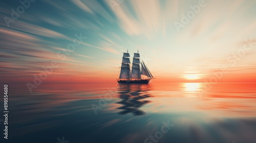 A majestic sailing ship drifts peacefully across calm waters, silhouetted against a breathtaking sunset with vibrant hues illuminating the sky photo