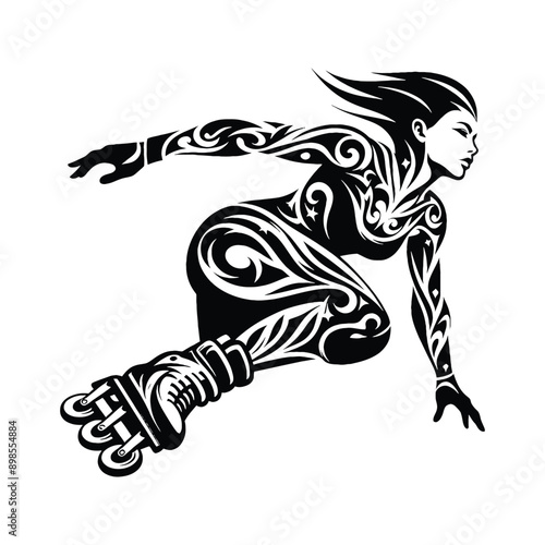 Inline Skating  female player in ethnic tribal pattern illustration, emblem shield badge