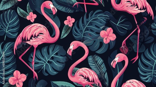 Pink flamingos stand amongst lush tropical leaves, their bright pink feathers contrasting with the deep green foliage