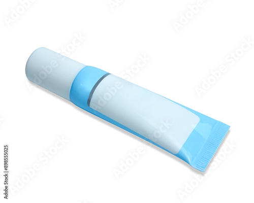 blue plastic skincare cream tube isolated on white background. Clipping path.