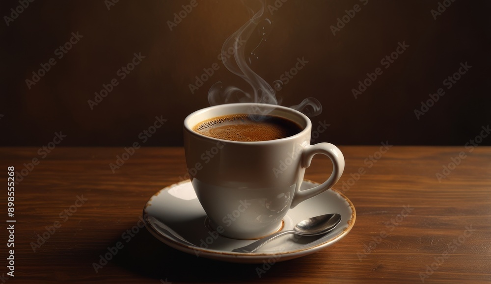 Steaming Cup of Coffee on Wooden Table Steaming Cup of Coffee on Wooden Table