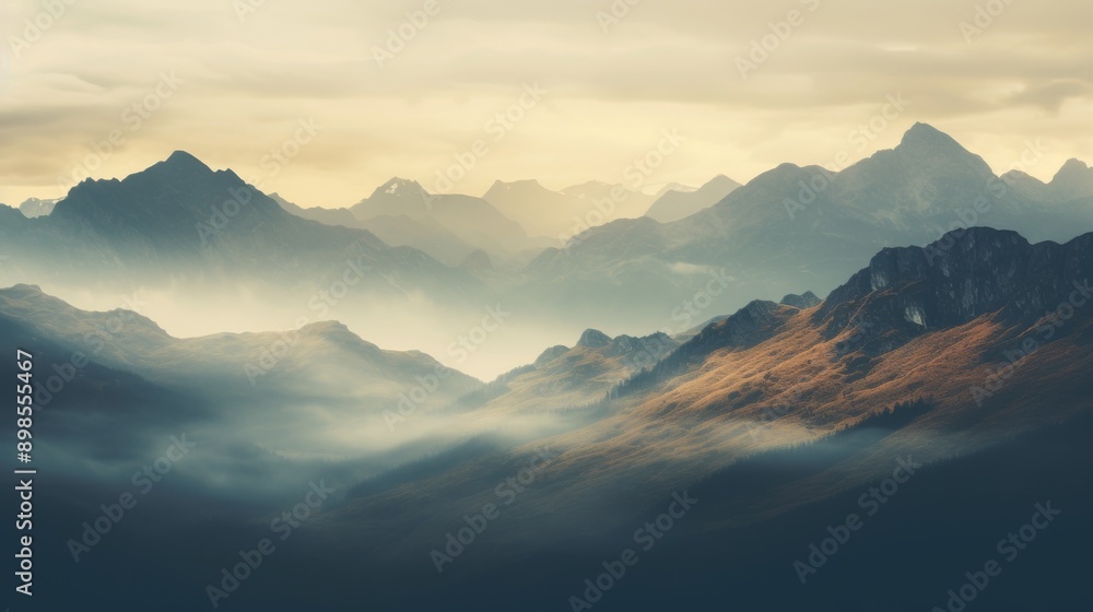 Fototapeta premium A breathtaking view of a mountain range enveloped in soft mist, showcasing the beauty of nature at dusk in the early autumn twilight