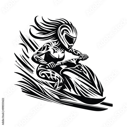Jet Skiing  female player in ethnic tribal pattern illustration, emblem shield badge