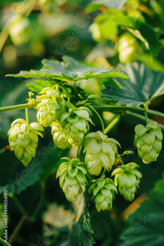 Close-up of plants biological raw hop flowers for high quality beer production in ecological craft brewery