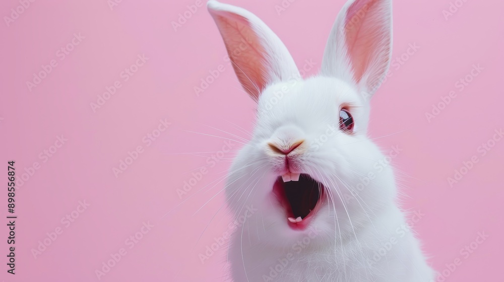 Fototapeta premium A white rabbit with big, pink ears is looking directly at the camera with a surprised expression, mouth open and teeth showing. The rabbit is on a pink background.