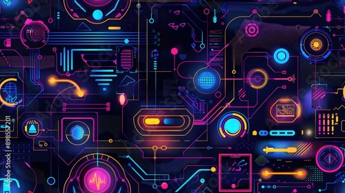 A seamless pattern featuring a complex network of glowing neon circuits, cybernetic elements, and digital interfaces on a dark background