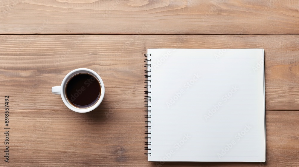 The open empty note book with cup of coffee isolated on wooden background, text space, mockup, Generative Ai The open empty note book with cup of coffee isolated on wooden background, text space, mockup, Generative Ai