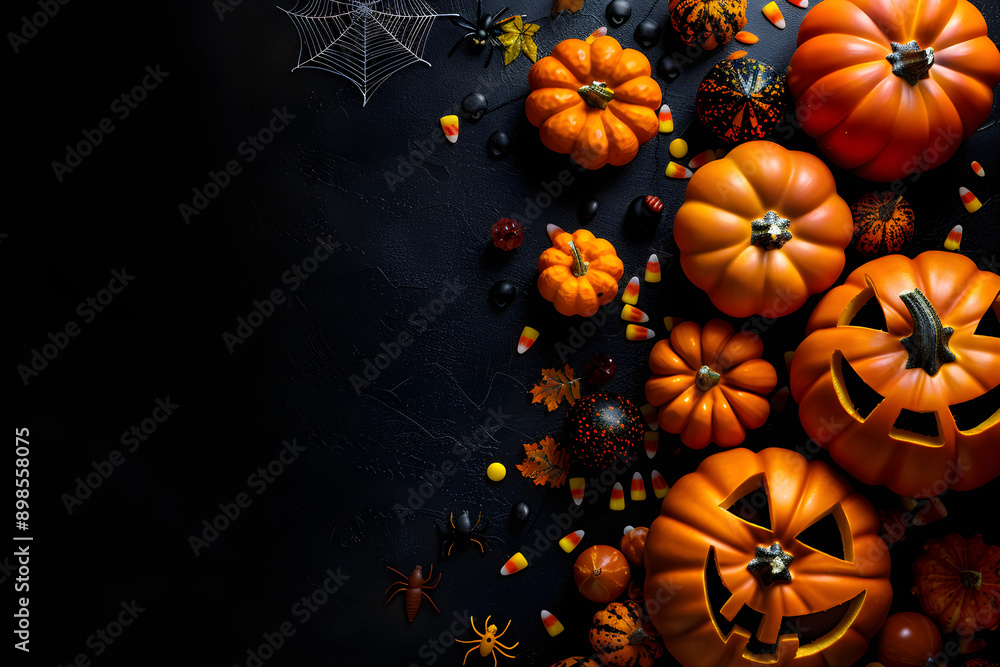 Halloween-themed composition featuring carved orange pumpkins, assorted autumn decorations, vibrant colors, warm lighting, emotional appeal, target for festive marketing, suitable for events,... Halloween-themed composition featuring carved orange pumpkins, assorted autumn decorations, vibrant colors, warm lighting, emotional appeal, target for festive marketing, suitable for events,...
