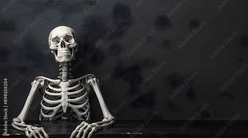Cheerful skeleton, sitting against dark minimalistic background, soft diffused lighting, playful atmosphere, ample copy space for branding, perfect for Halloween marketing, educational content,... Cheerful skeleton, sitting against dark minimalistic background, soft diffused lighting, playful atmosphere, ample copy space for branding, perfect for Halloween marketing, educational content,...