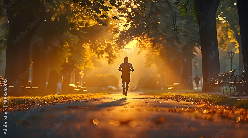 Fototapeta premium Dynamic runner, focused determination, jogs amid tranquil park setting, golden hour sunlight casting soft glows, vibrant oranges and lush greens, serenity, motivation, ample copy space.