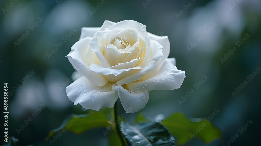 Single White Rose with Dew Drops Close Up