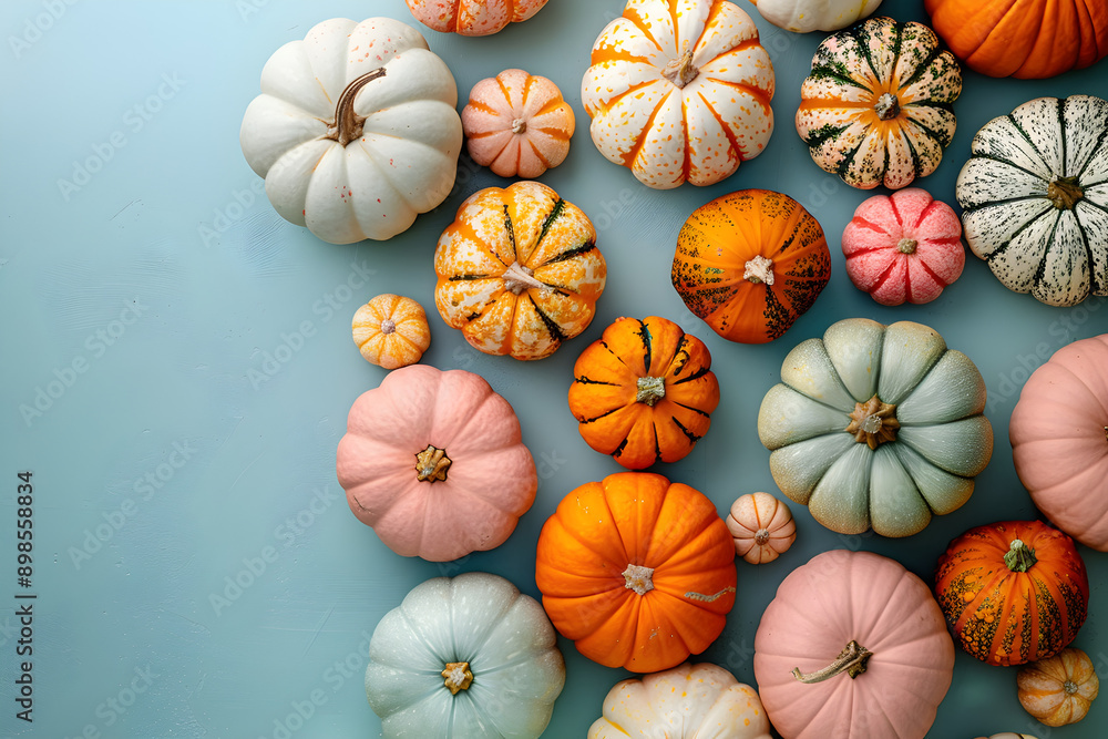 Artistically arranged colorful pumpkins in varied shapes and sizes on a soft blue background, showcasing smooth and ribbed textures, vibrant hues of orange and pink, ample copy space,... Artistically arranged colorful pumpkins in varied shapes and sizes on a soft blue background, showcasing smooth and ribbed textures, vibrant hues of orange and pink, ample copy space,...