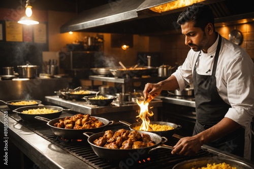 Shot from an Indian restaurant where chef is making smoky sizzler, as fire catches when he puts hot butter over grilled chicken. photo